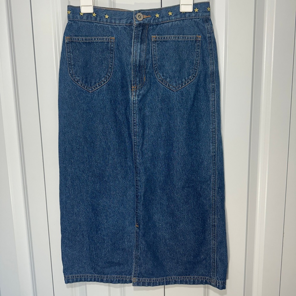Eddie Bauer Denim Skirt 12 Blue Gold Star Embroidered Midi Patch Pockets Vintage